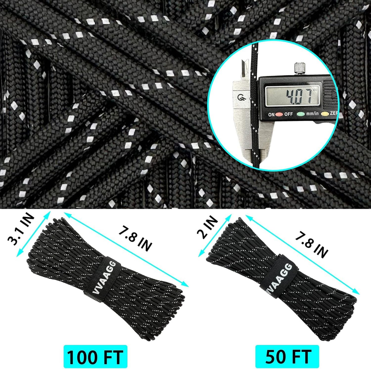 100FT Reflective Paracord Rope 550 Nylon 7 Strand Camping Tent Cord 4mm