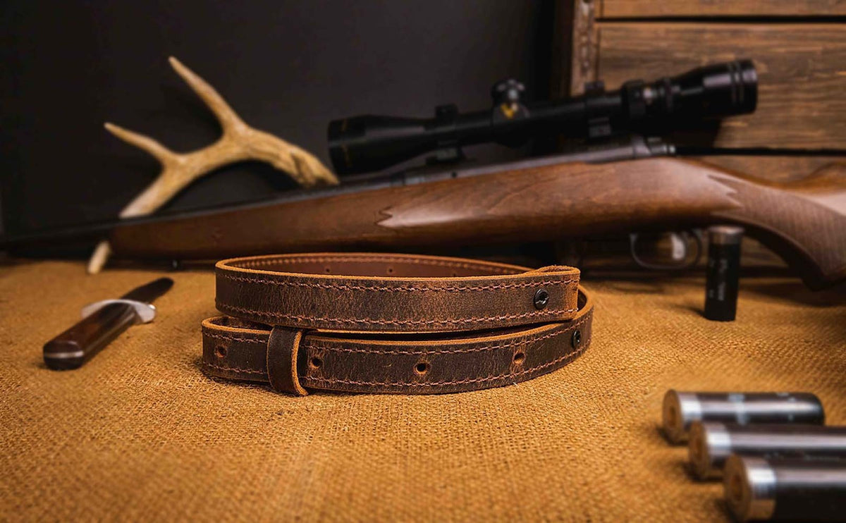 Buffalo Leather Rifle Sling - Amish Handmade 1-Inch Brown Gun Strap