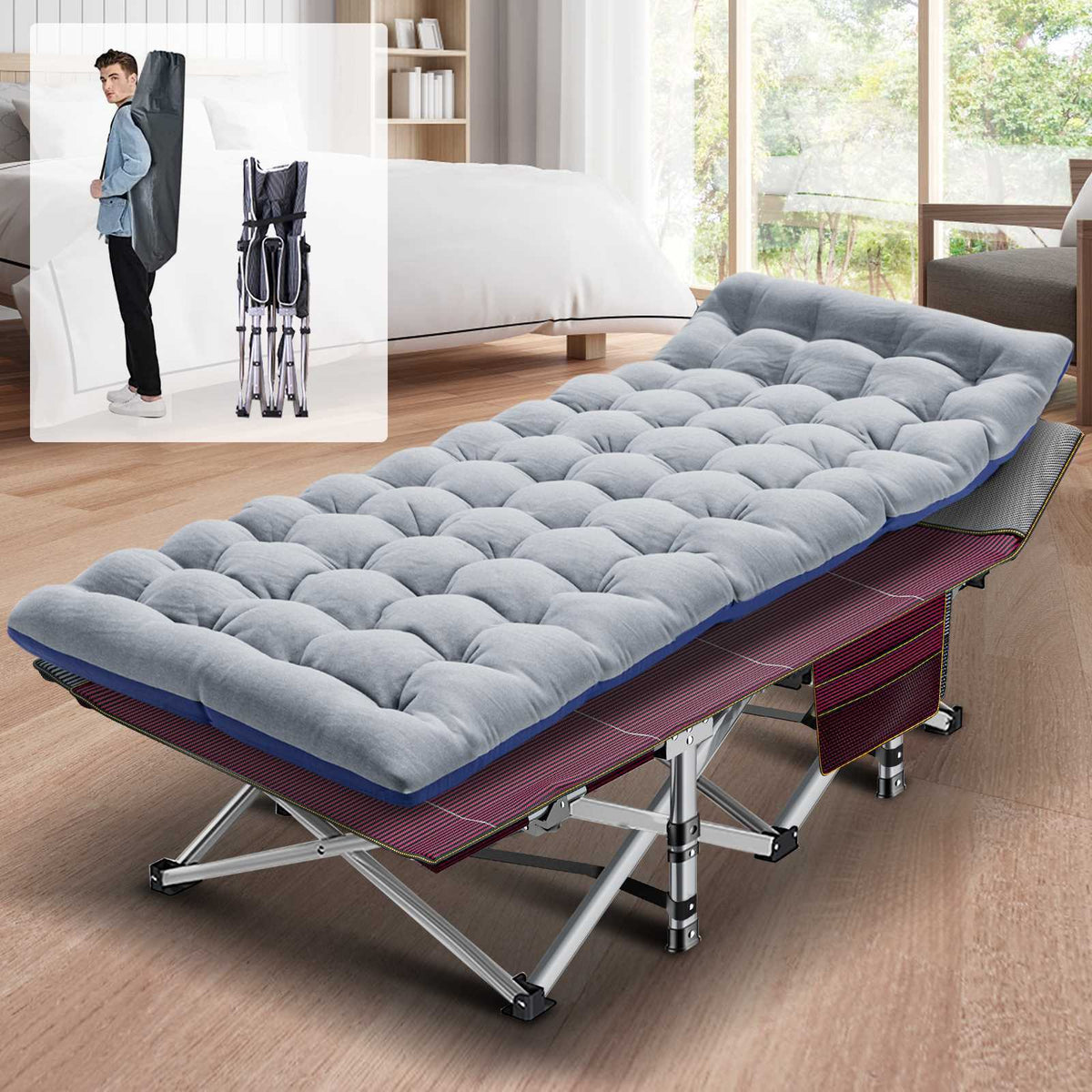 Heavy Duty Folding Camping Cot for Adults with Cotton Mat - Wide Sleep Bed