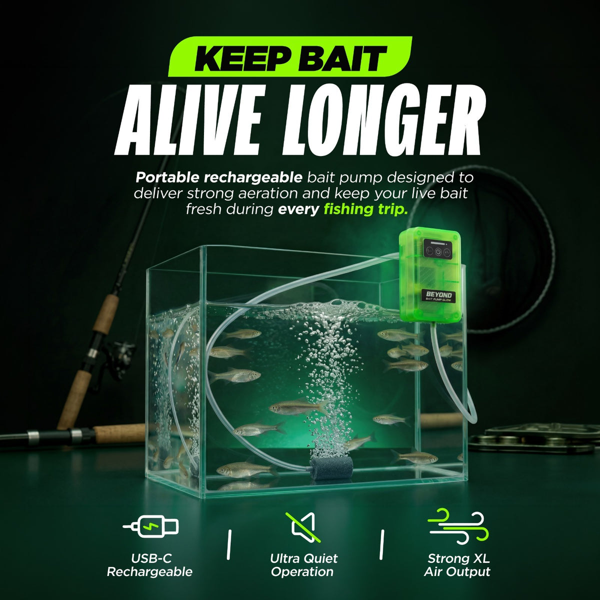 Rechargeable Glow-in-The-Dark Bait Pump with 4-Speed Bubble Control & XL Air Stone