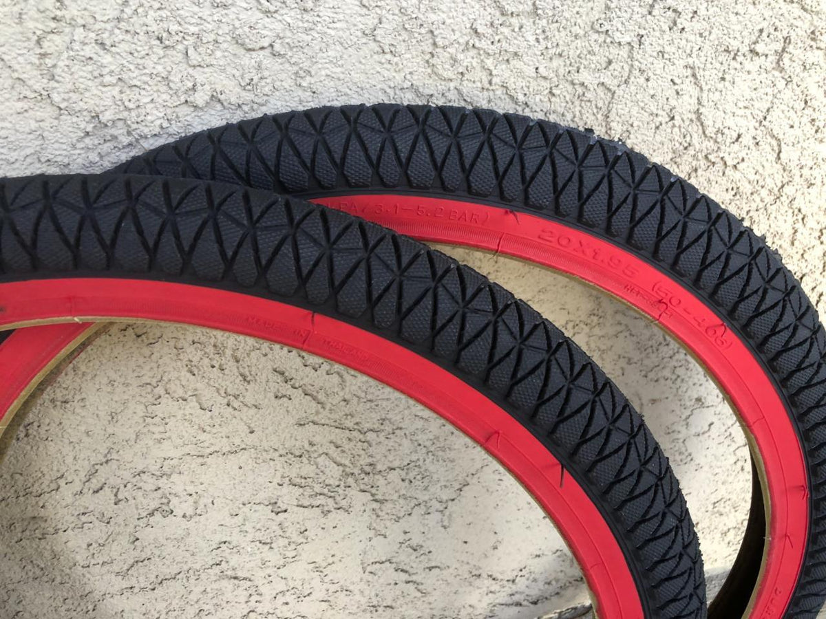 2 BMX Bicycle Tires 20x1.95 Red Wall Freestyle Bike Tires