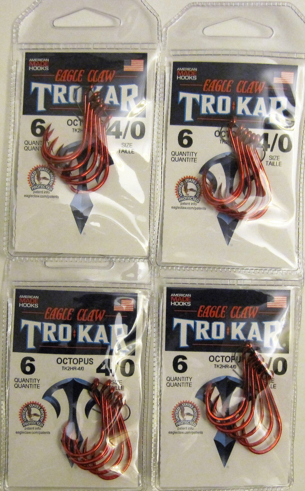 Fishing Hooks 4 Pack Trokar Red Octopus Hooks Size 2/0-4/0 - USA Made
