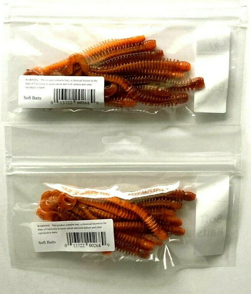 2 Pack Ribbed Curly Tail Worm Bait Set for Fishing - Brown & Orange Pepper Flake Colors