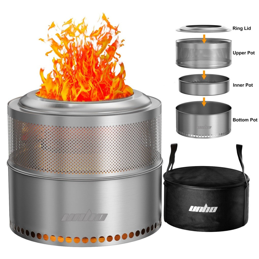Large Smokeless Stainless Steel Fire Pit for Outdoor Wood Burning - Portable, 4-6 People