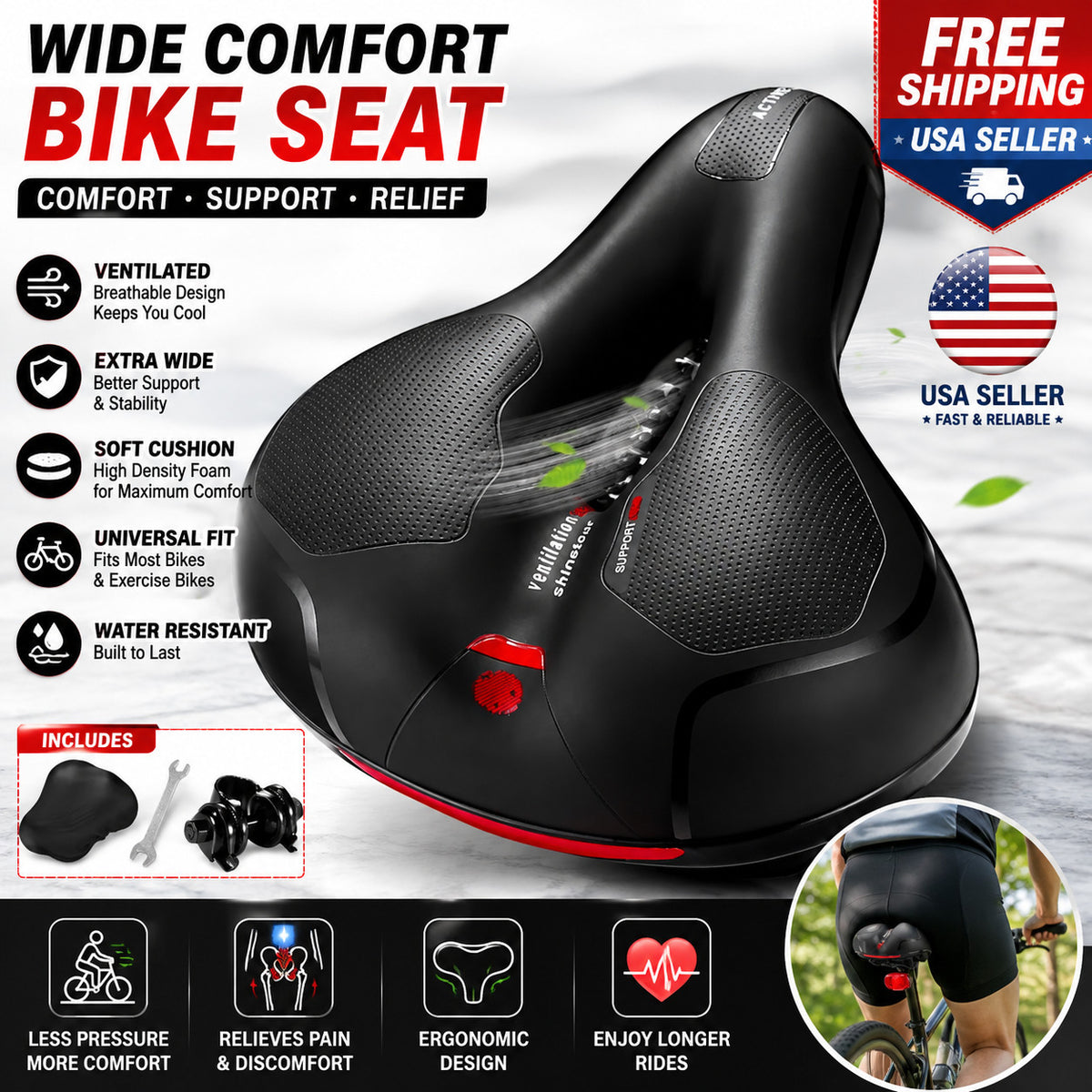 Wide Gel Bicycle Saddle Seat with Shock Absorbing System for Commuting and Recreation