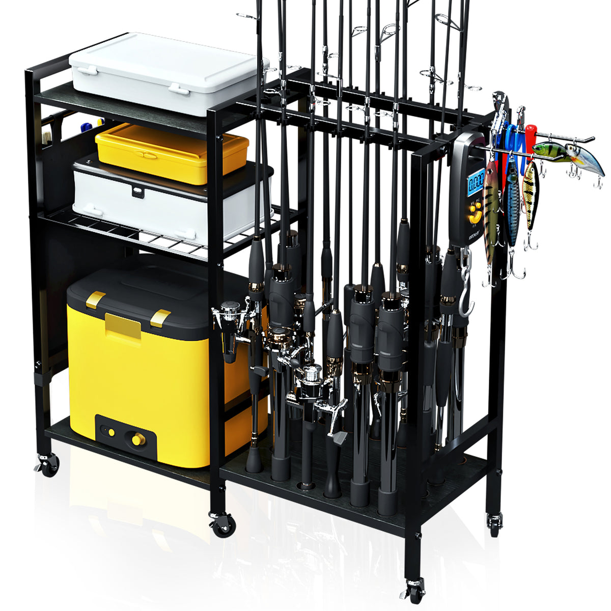 16-Rod Fishing Rod Holder Rack with Tackle Storage and Wheels