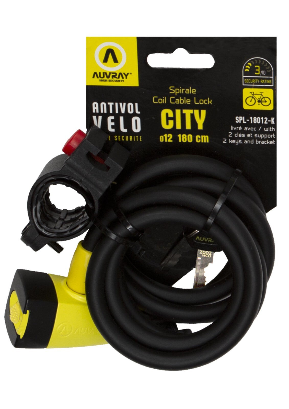 Heavy Duty Coiled Bicycle & Motorcycle Cable Lock with Bracket - 180cm