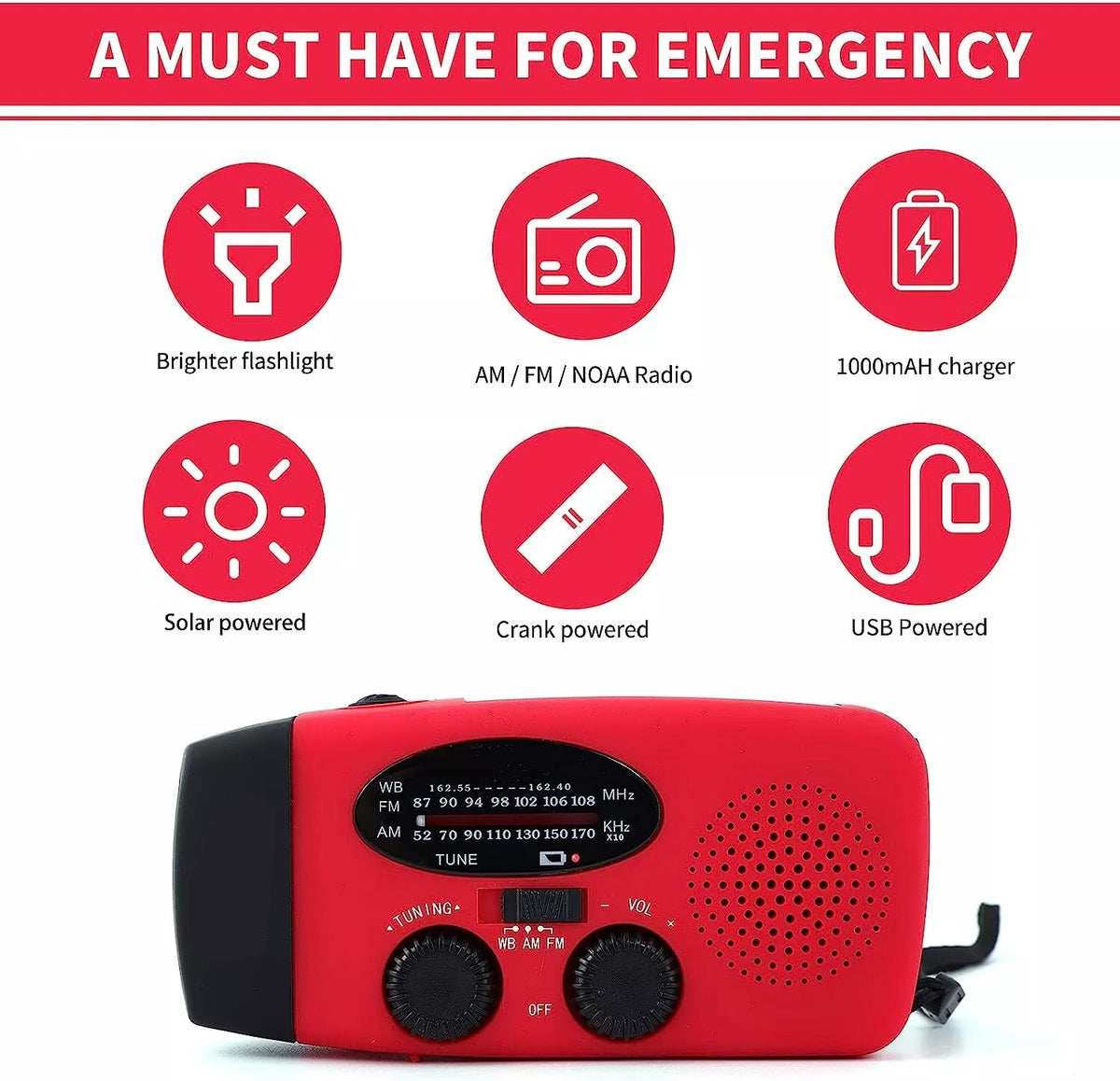 Emergency Weather Radio with Solar Crank Power Bank & LED Flashlight