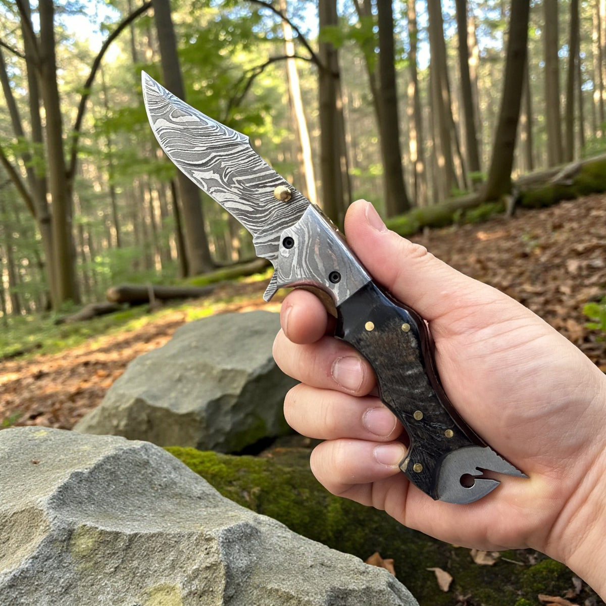 Personalized Damascus Steel Folding Knife with Ram Horn Handle and Belt Clip