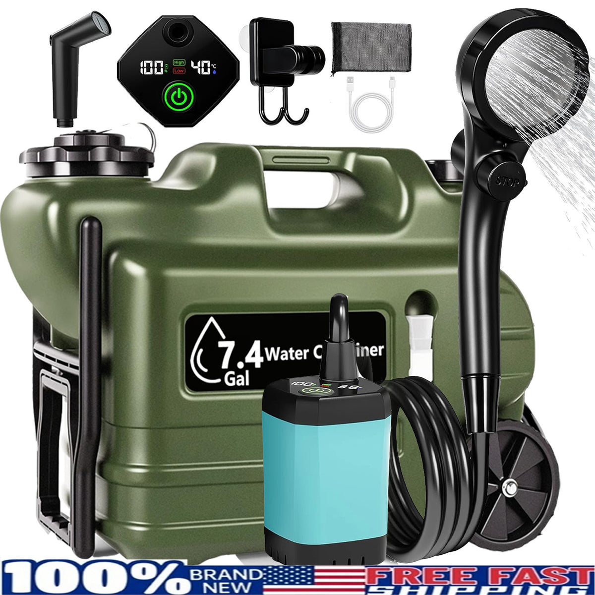Portable Camping Shower with 7-Gallon Water Jug & Rechargeable Pump