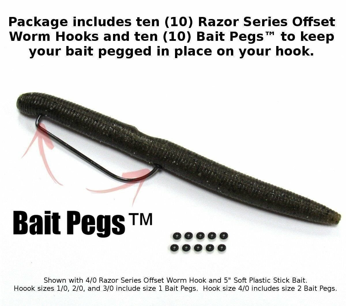Offset Worm Fishing Hooks Set with Bait Pegs - Multiple Sizes