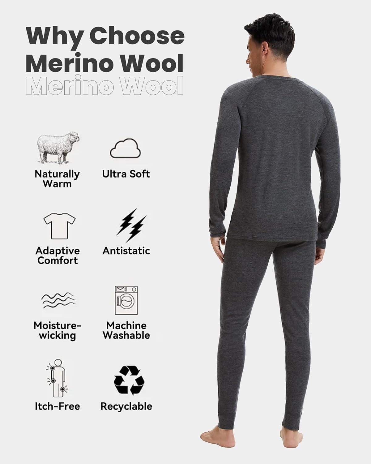 Men's Merino Wool Base Layer Set Thermal Underwear Midweight S-XL