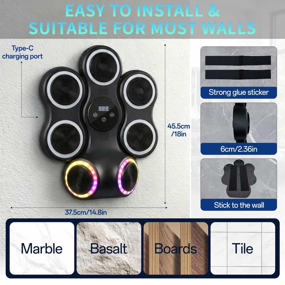 Adult Music Boxing Machine with Gloves, 11 Modes, Bluetooth & Impact Pads