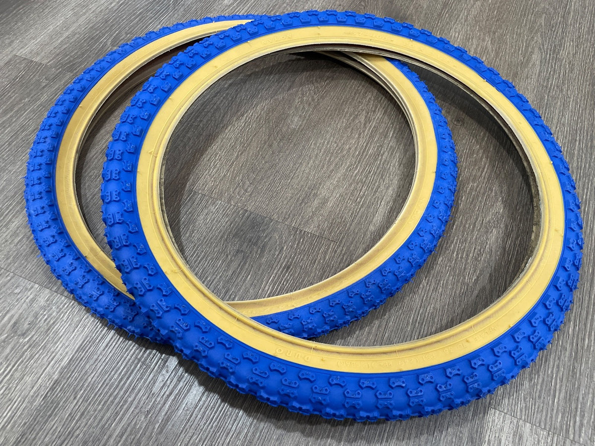 20-Inch BMX Bicycle Tires Staggered Set Blue Gumwall 1.75 & 2.125