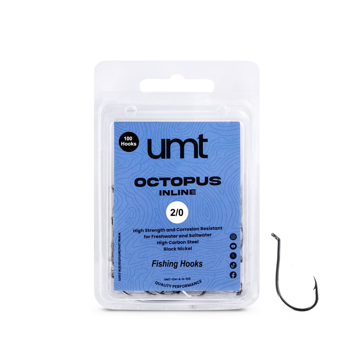 100 Pack Saltwater and Freshwater Fishing Hooks - Size 2/0 Inline Octopus