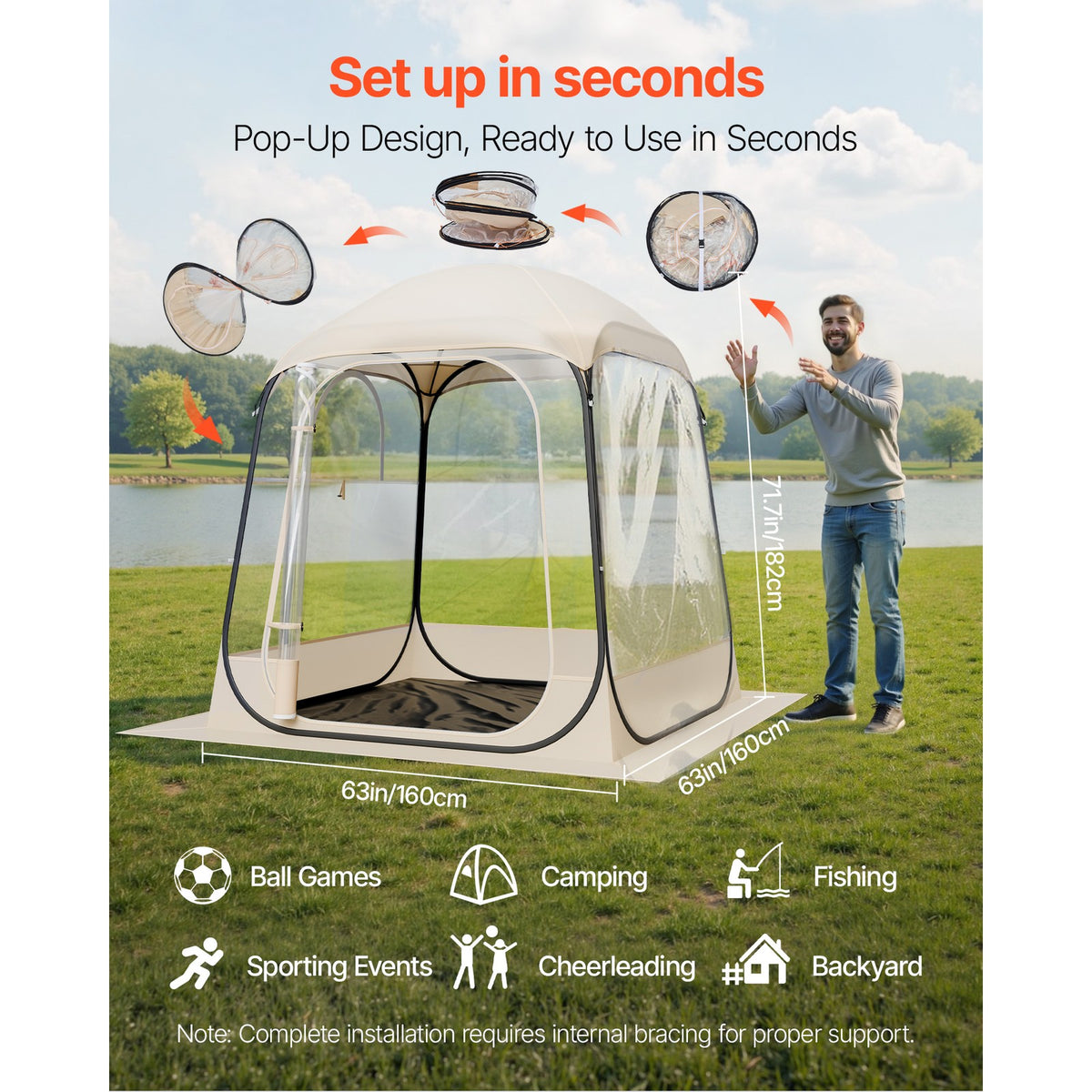 Portable Pop-Up Sports Tent 63x63in Waterproof Outdoor Shelter