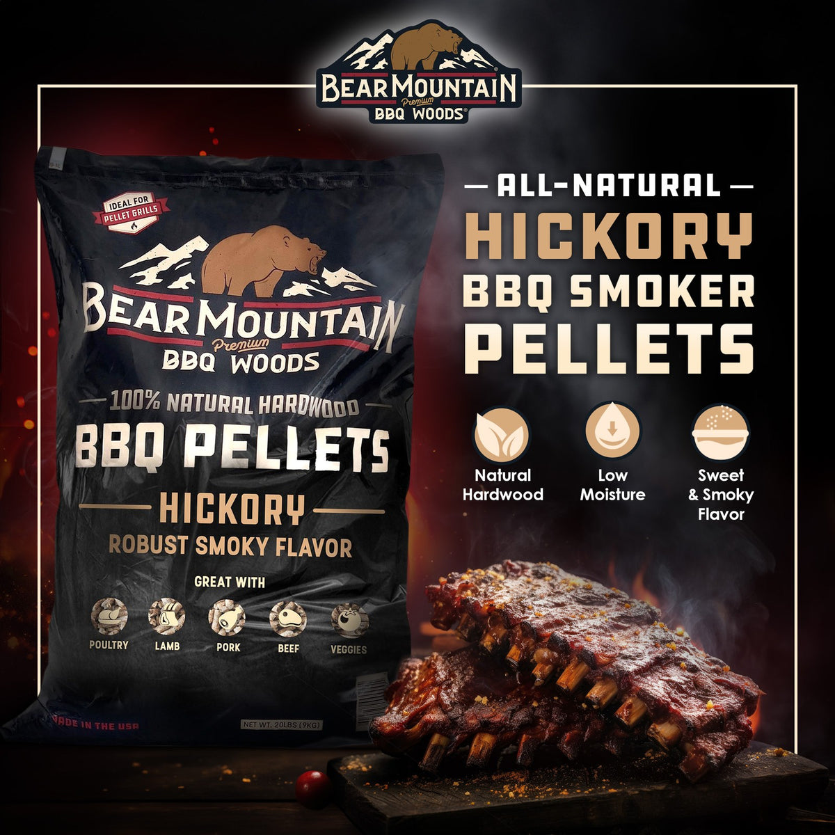 All-Natural Hardwood Hickory Smoker Pellets - 40 lb Grill Fuel