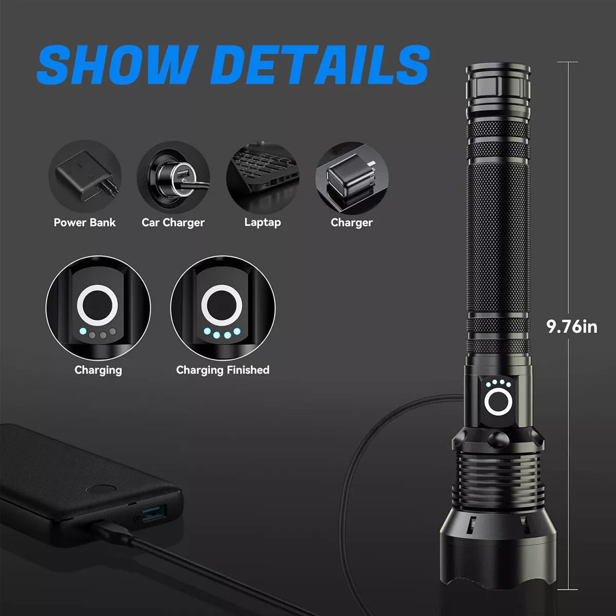 Rechargeable LED Tactical Flashlight with Zoom, 7 Modes & 1000ft Beam