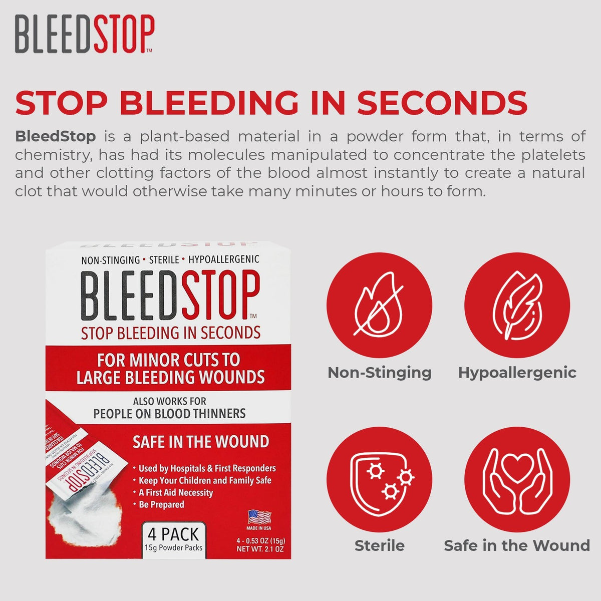 First Aid Blood Clotting Powder for Wounds & Bleeding Control - 5 Pack