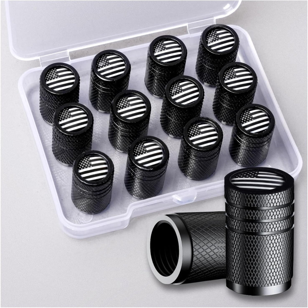 American Flag Tire Valve Stem Caps - Aluminum USA Flag Covers for Cars & Bikes - Pack of 12