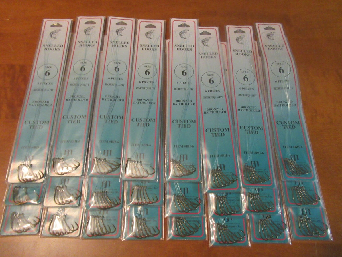 144 Snellled Fish Hooks in Assorted Sizes - Bronze Bait Holder Hooks, 6 Pack