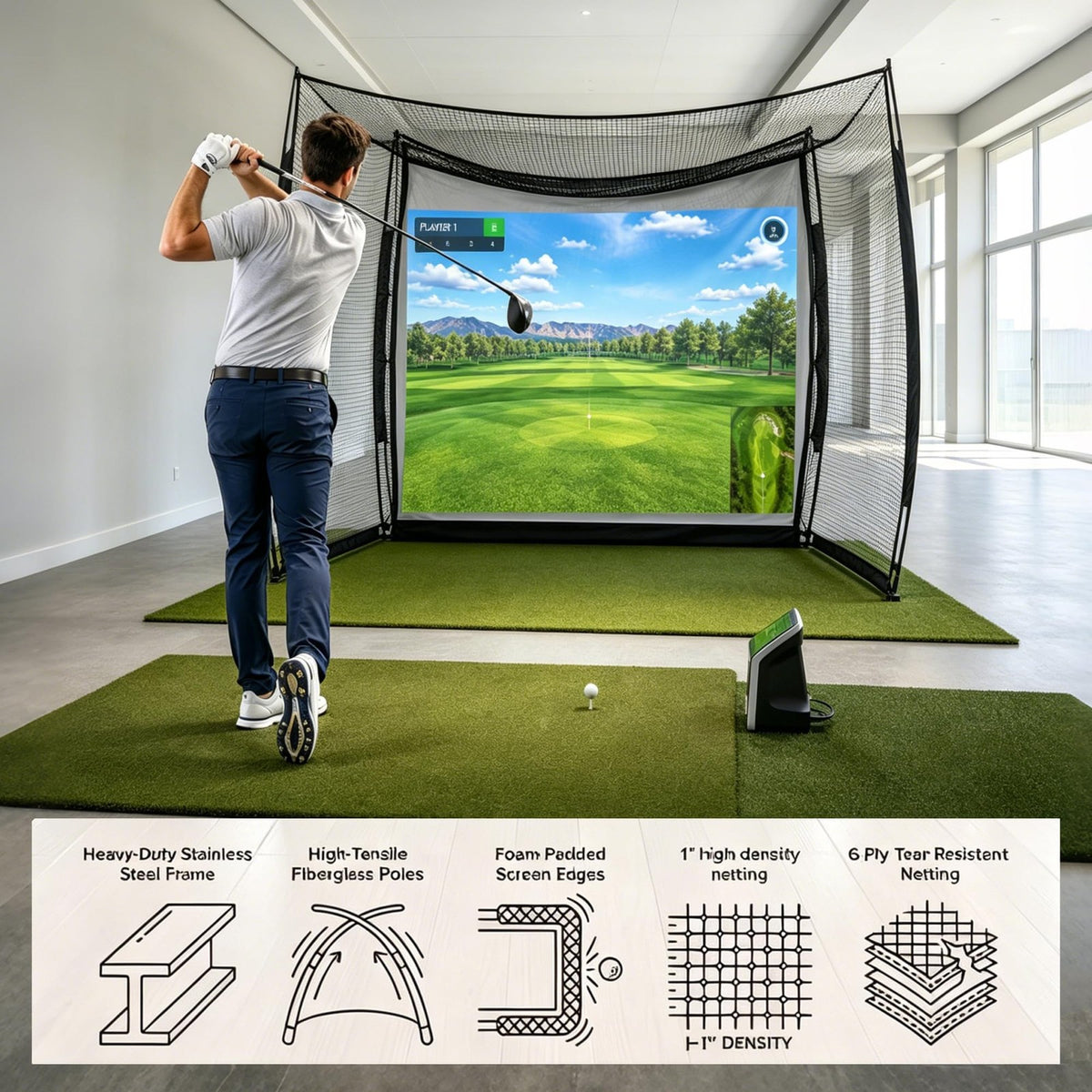 Heavy Duty Golf Practice Net Cage 10x8ft with Impact Screen for Swing & Drive