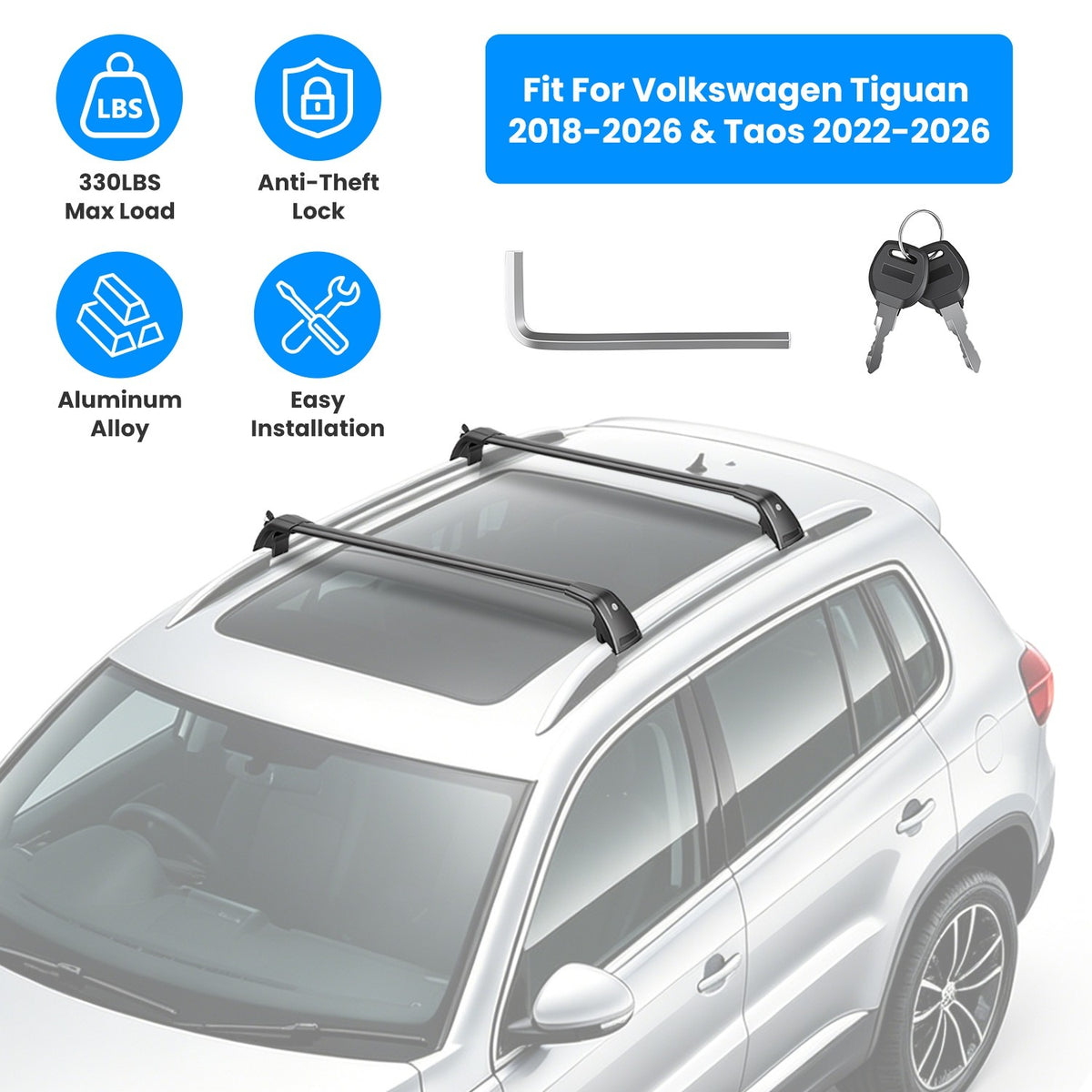 Roof Rack Cross Bars for Volkswagen Tiguan & Taos 2018-2026 - Heavy Duty Aluminum