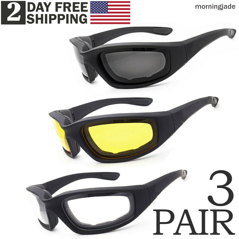 Motorcycle Riding Glasses 3 Pairs UV400 Shield Clear Smoke Yellow Padded Comfortable