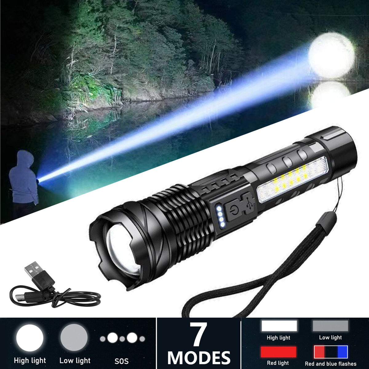 Rechargeable Super Bright Telescopic Zoom Flashlight with 3 Color Modes - 2 Pack