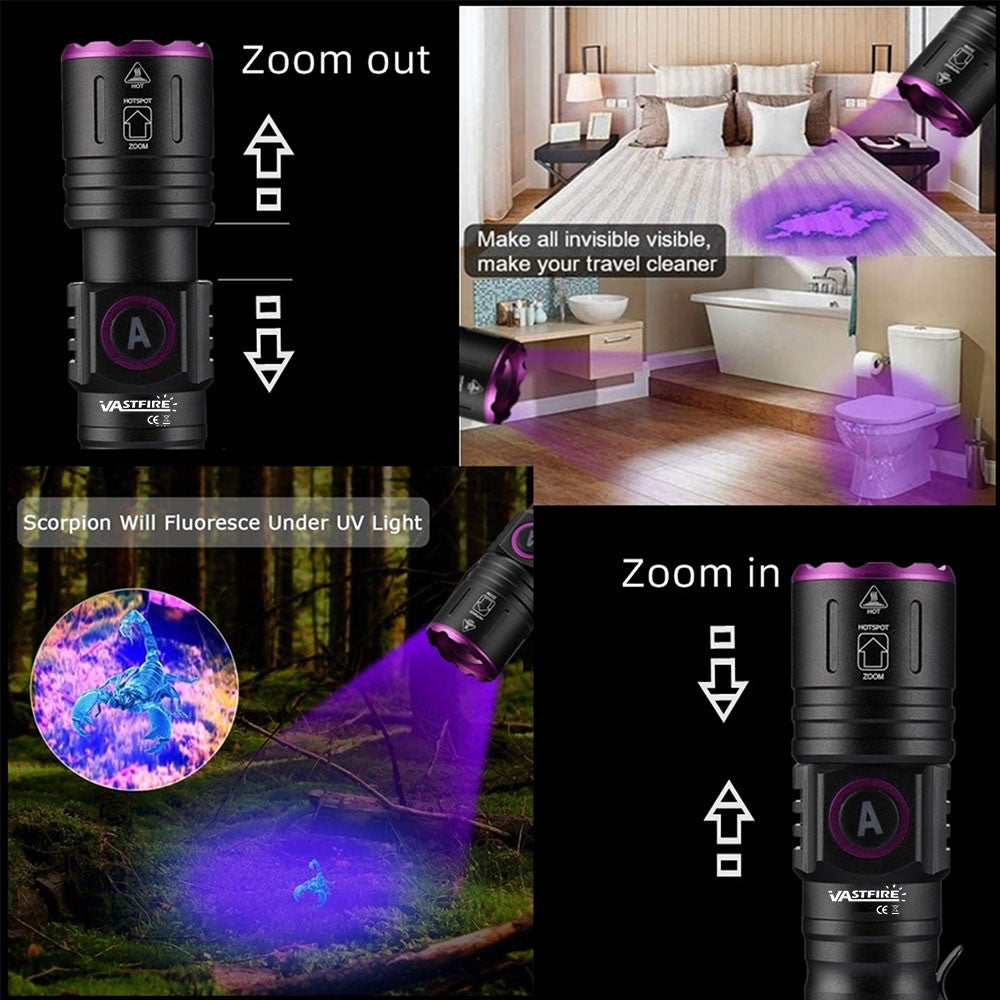 365nm UV LED Flashlight Blacklight Inspection Torch with Zoom