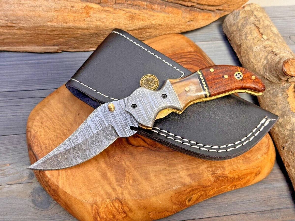 Damascus Folding Pocket Knife with Small Defects Handmade, Multiple Variants