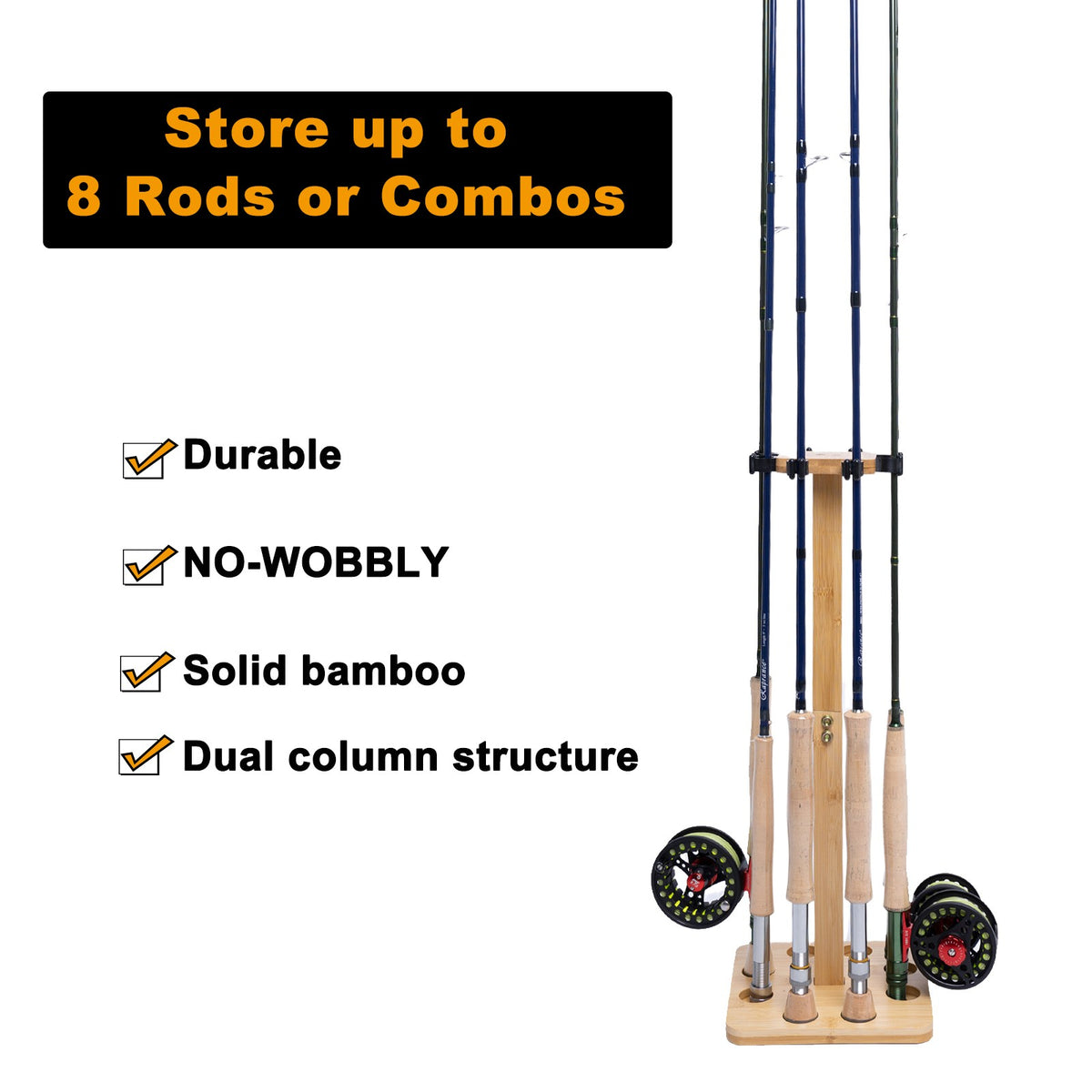 Wooden Fishing Rod Storage Rack for 8 Rods - Stable Floor Stand Organizer