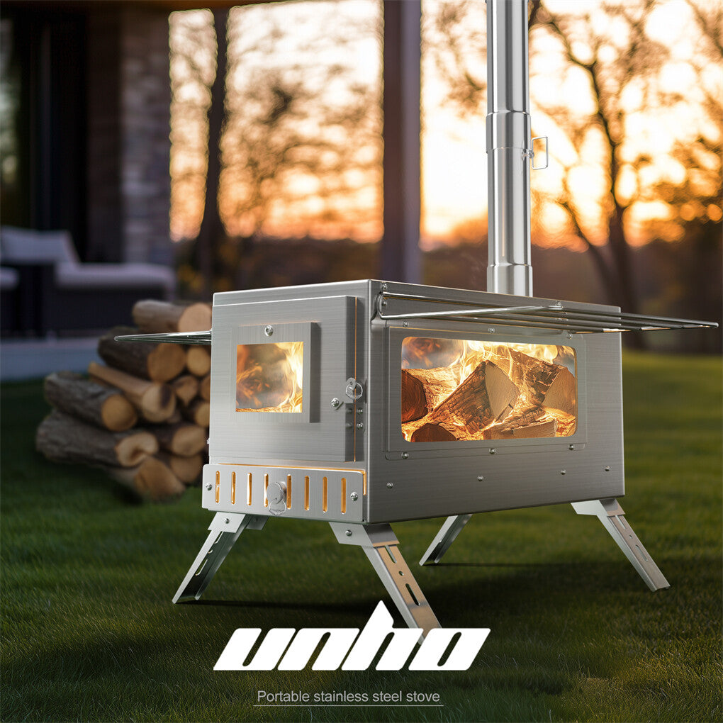 Stainless Steel Camping Tent Stove with Detachable Chimney and Cooking Function