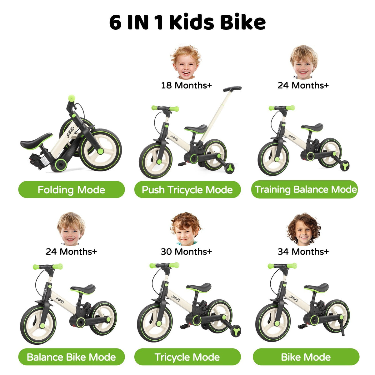 6-in-1 Foldable Toddler Bike with Push Handle for 18-60 Months, Adjustable & Durable