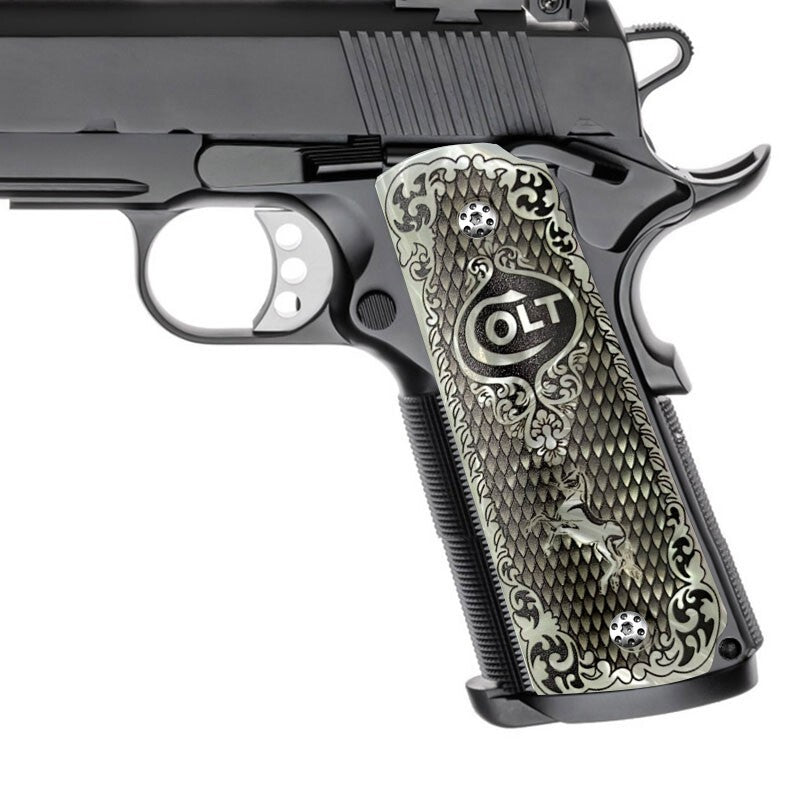 1911 Gun Grips Full Size Colt & Clones White Mother of Pearl Engraved with Screws