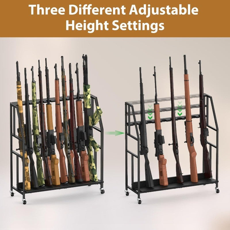 Gun Rack with Metal Frame and Wheels Holds 10 Long Guns, Adjustable Height