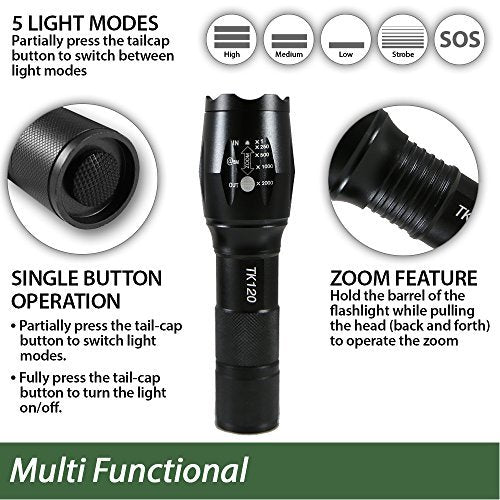 LED Tactical Flashlight with 5 Modes & Adjustable Zoom - Durable Aluminum