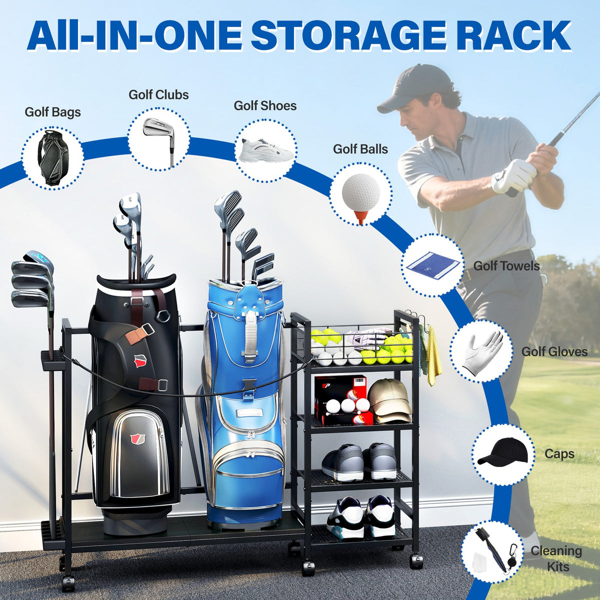 Golf Bag Storage Rack with Wheels - Organize Golf Clubs & Accessories