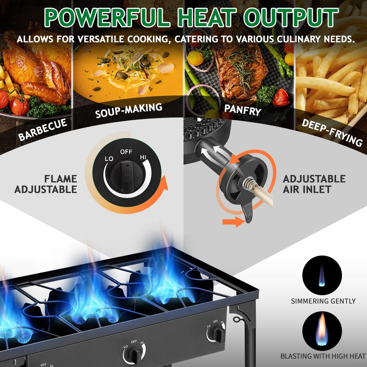 225,000-BTU Three Burner Gas Cooker Stove with Cast Iron Grill for Outdoor Cooking