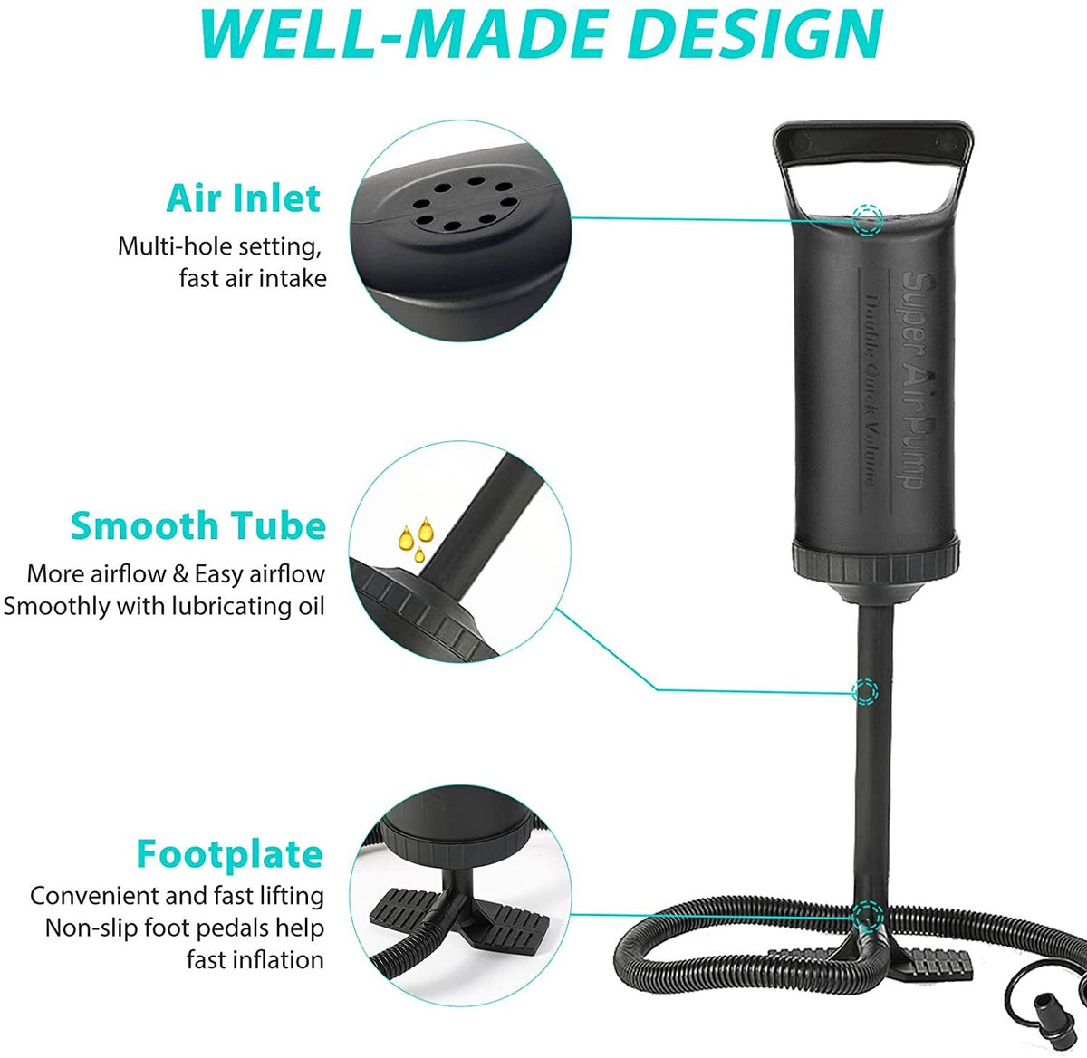 Hand Air Pump for Inflatable Pools, Air Beds & Toys - Rapid Dual-Action