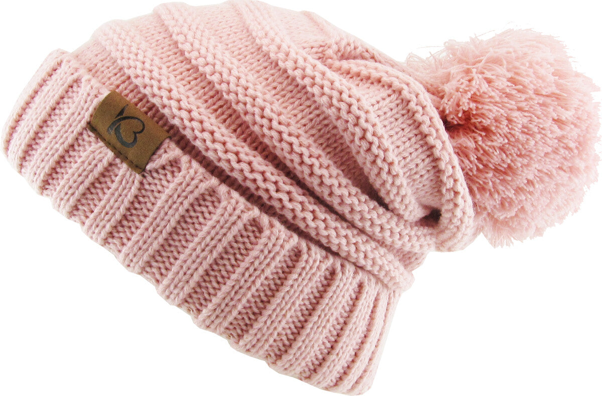 Chunky Cable Knit Slouch Pom Beanie Oversized Winter Ski Hat for Women