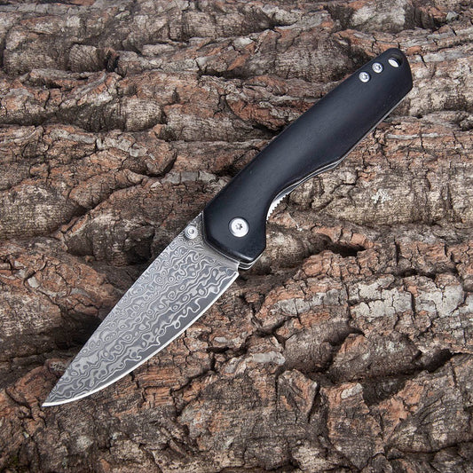 Damascus Steel Folding Knife with Wooden Handle for Camping & Outdoor Use