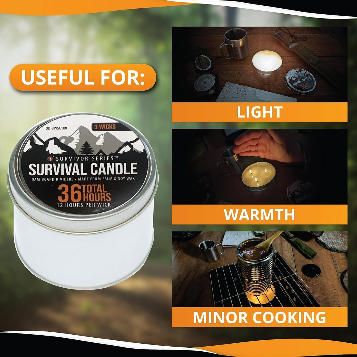 3-Wick Emergency Candle 36-Hour Long Burn Soy & Palm Wax Survival Light
