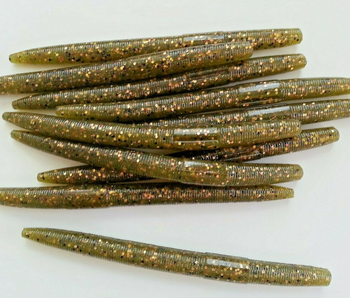 50 Pack 5" Senko Style Soft Plastic Fishing Worms - Green Olive with Gold Flake