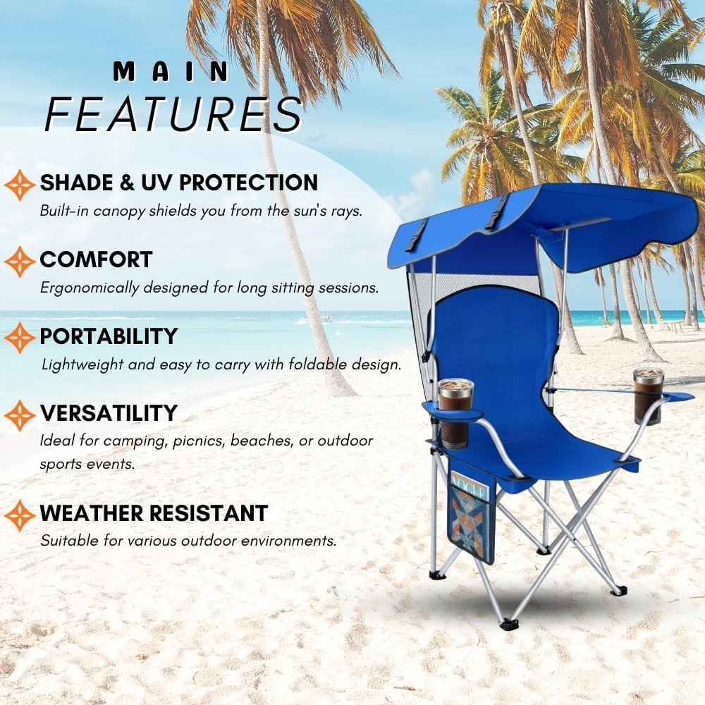 Portable Camping Chair with Canopy Sun Shade and Carrying Straps