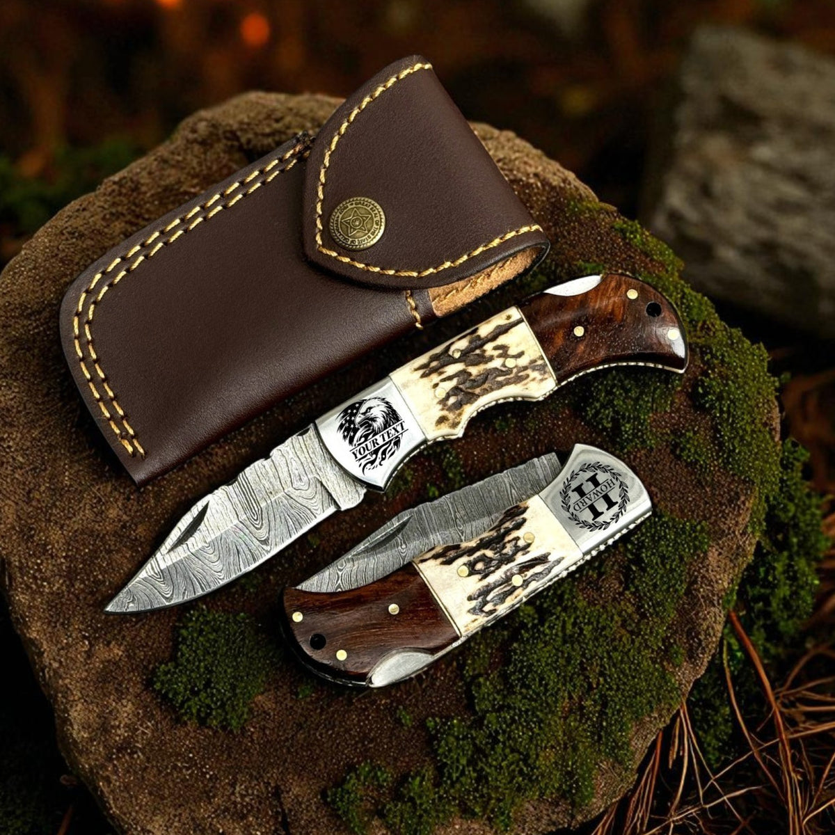 Personalized Damascus Folding Knife with Stag Antler and Rosewood Handle - Custom Engraving Gift