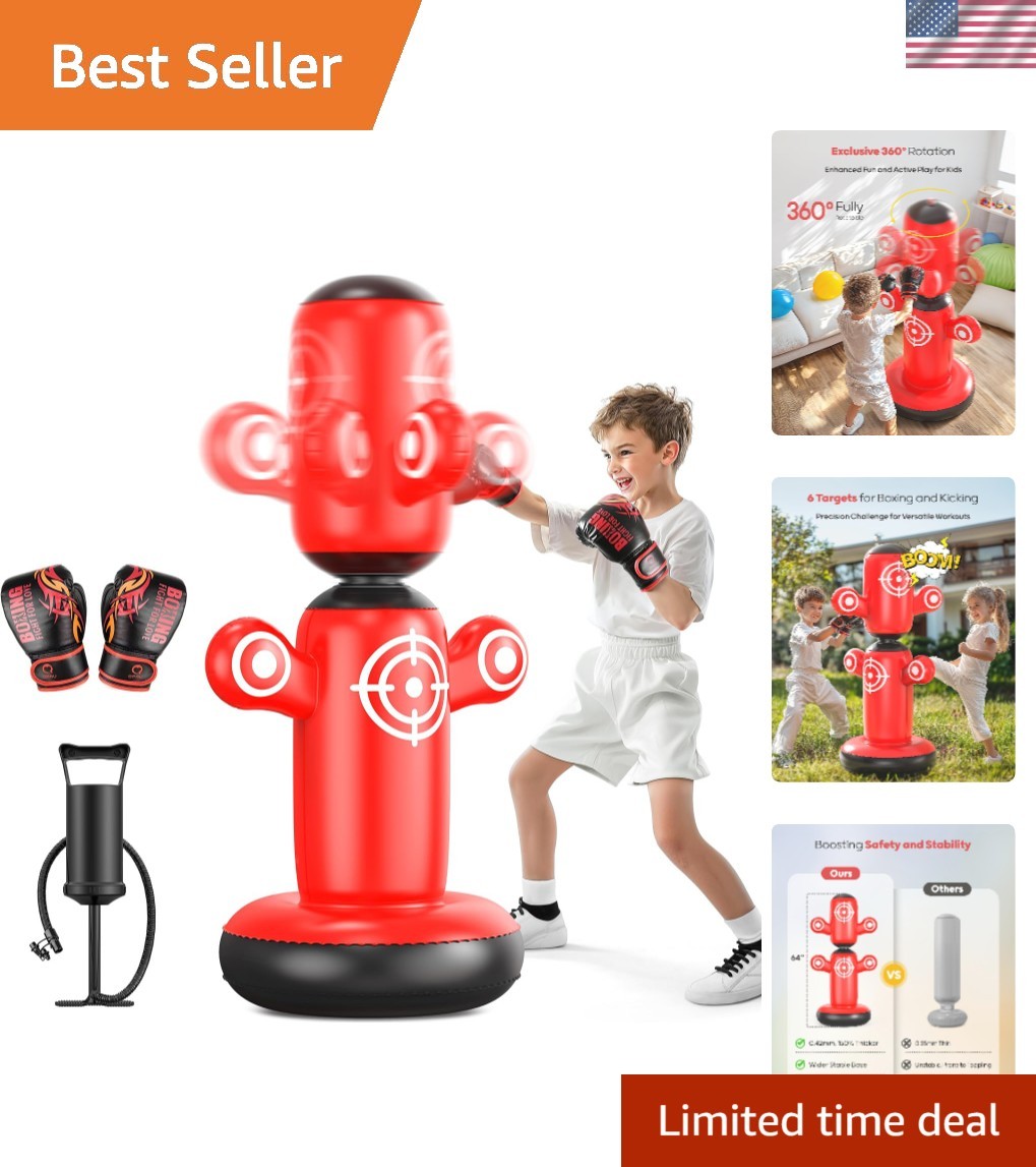 Kids Inflatable Rotating Punching Bag with Gloves and Pump - Indoor Outdoor Exercise