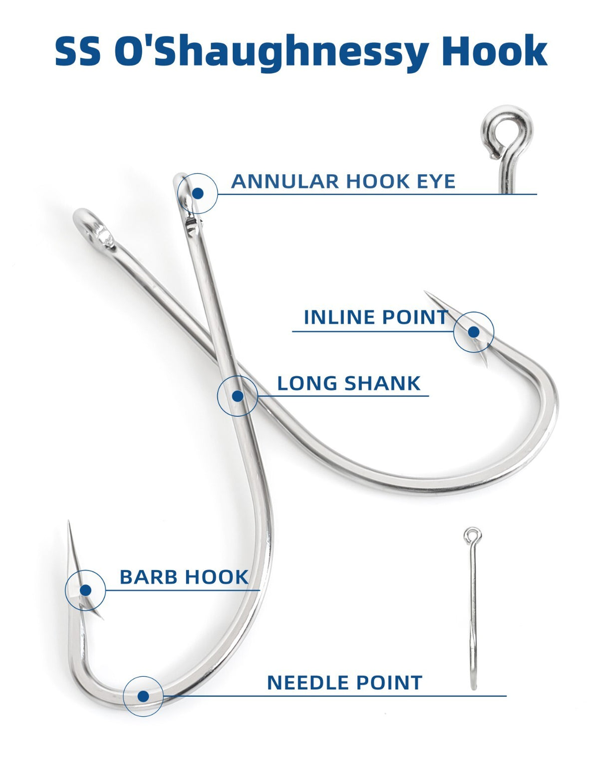 Stainless Steel Fishing Hooks Set - Long Shank O' Shaughnessy Tackle for Saltwater & Freshwater