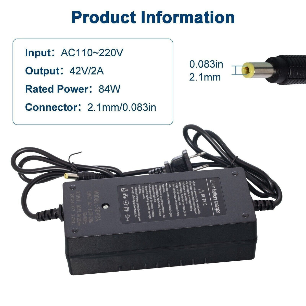 42V 2A Electric Bike Battery Charger UL Certified Fast Charging 5.5x2.1mm Plug