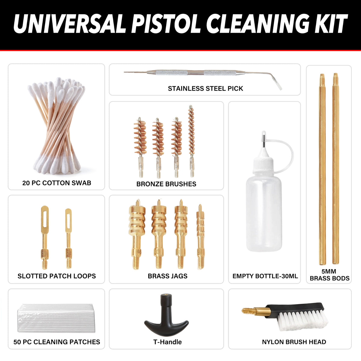 Universal Gun Cleaning Kit for Handguns - Includes Brushes, Patches, Rods & Case